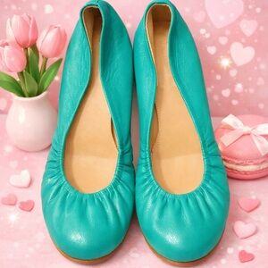 Crew Teal Leather Ballet Flats Size 7 | Soft Pouch Slip-On
